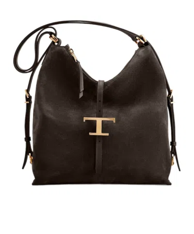 Tod's T Timeless Shoulder Bag In Suede Small In Brown