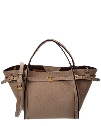 Tod's Logo Small Leather Tote In Beige