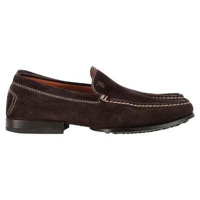 Tod's Logo Visible Stitch Loafers In Brown Suede