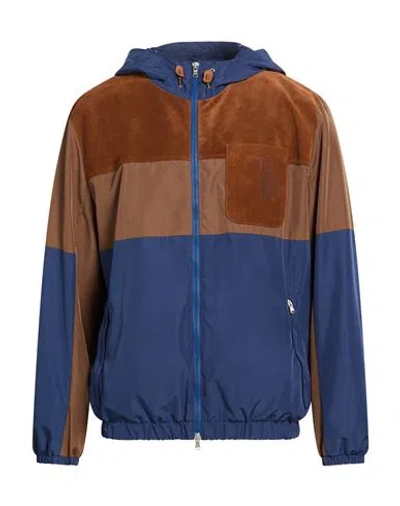 Tod's Man Jacket Navy Size 38 Polyester, Cow Leather In Blue