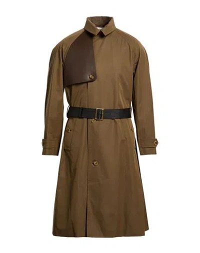 Tod's Man Overcoat & Trench Coat Khaki Size Xxs Cotton, Cow Leather In Brown