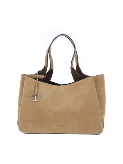 Tod's Medium Suede Tote Bag With Removable Charm In Neutral
