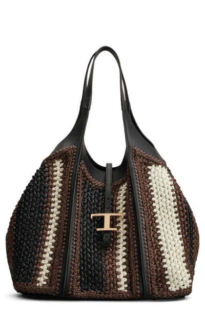 Tod's Medium T Timeless Crochet Raffia & Leather Shopping Bag