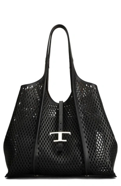 Tod's Medium T Timeless Perforated Leather Shopper In Nero