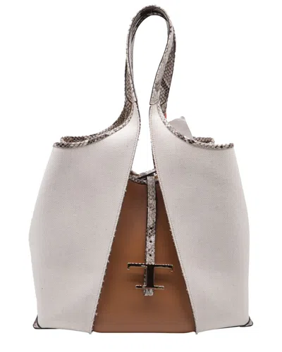 Pre-owned Tod's Medium T Timeless Snakeskin-trimmed Tote Bag (authentic Pre-loved)