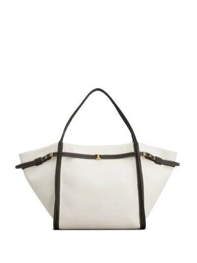 Tod's White Tote Bag With Front Leather Buckled Belt In Cotton Blend Woman