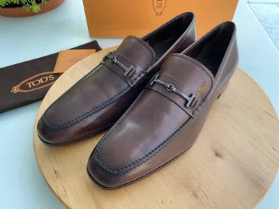 Pre-owned Tod's Men's Doppia T Fine Brown Leather Loafers Shoes Silver-tone Horsebit Uk 10