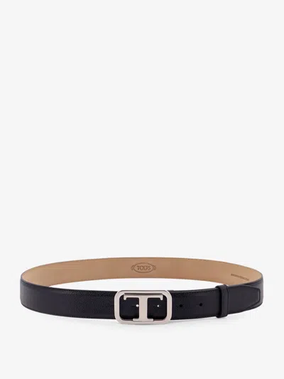 Tod's Leather Belt With  T Monogram Rectangular Buckle In Black
