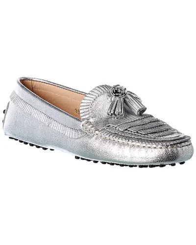 Tod's Metallic Leather Loafer In Silver