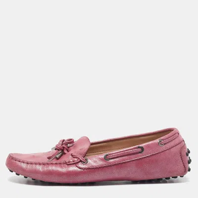 Tod's Metallic Pink Leather Bow Slip On Loafers