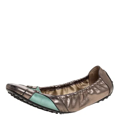 Tod's Metallic/green Leather Scrunch Ballet Flats In Brown