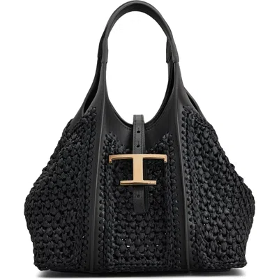 Tod's Mini T Timeless Crochet Raffia & Leather Shopping Bag In Nero