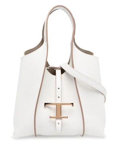 Tod's Mini T Timeless Leather Shopping Bags In White