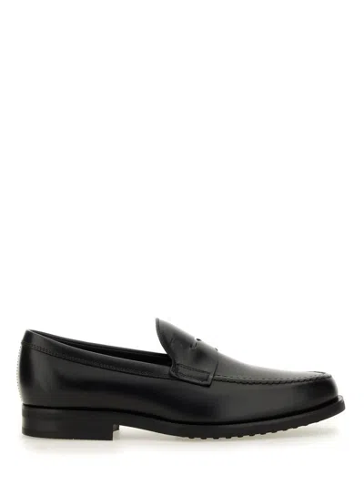 Tod's Leather Loafers With Round Toe And Stitched Detailing In Black
