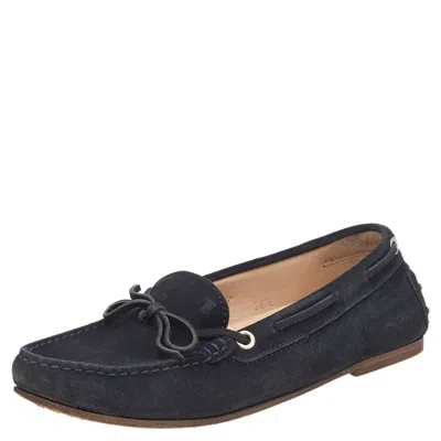 Tod's Navy Blue Leather Bow Slip On Loafers