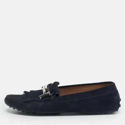 Tod's Navy Blue Suede Bit Fringe Loafers