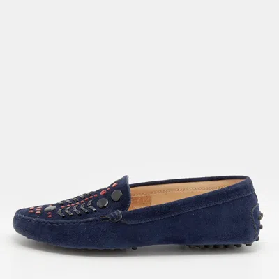 Tod's Navy Blue Suede Studded Slip On Loafers