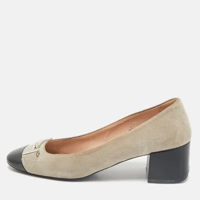 Tod's Navy Grey/black Suede And Leather Double T Court Loafer Pumps In Green
