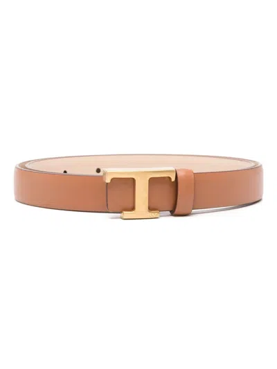 Tod's New Fib.rever T Logo Naturale Calf Skin Belt In Brown