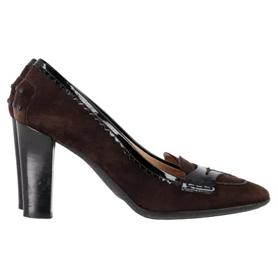 Tod's Penny Loafer Accent Pumps In Brown Suede In Burgundy