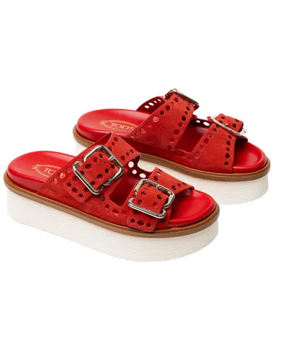 Tod's Perforated Platform Buckle Sandal In Red