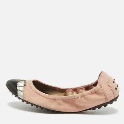 Tod's Pink Suede And Patent Leather Buckle Detail Scrunch Ballet Flats