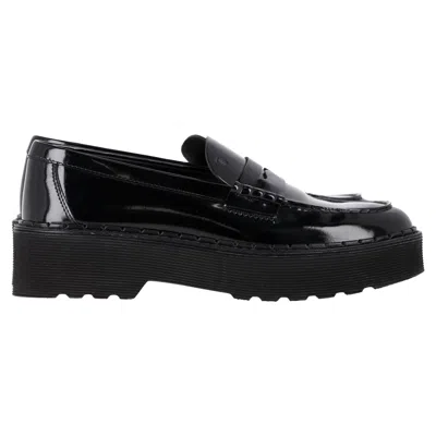 Tod's Platform Loafers In Black Patent Leather In Animal Print