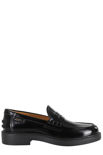 Tod's Polished Leather Loafers With Grommet-detail Heel In Black