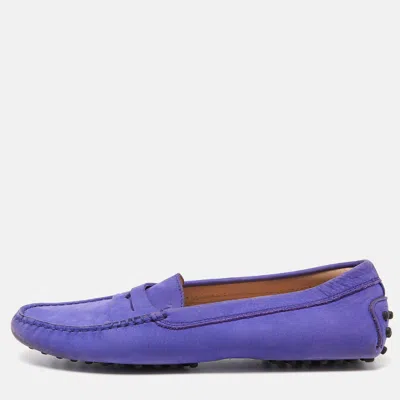 Tod's Purple Suede Penny Slip On Loafers In Animal Print