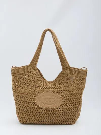 TOD'S TOD'S RAFFIA AND LEATHER MEDIUM SHOPPING BAG