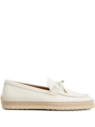 Tod's Raffia Weaving Leather Loafers With Laces In White