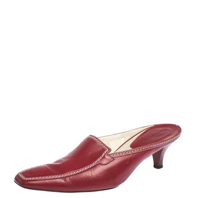 Tod's Red Leather Loafer Slide Kitten Heel Mules