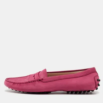 Tod's Rose Pink Nubuck Leather Penny Slip On Loafers