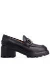 Tod's Semi-shiny Leather Heeled Loafers With Metal Chain Shoes In Black