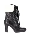 Tod's Shearling Lace-up Heeled Boots In Black Leather In Black
