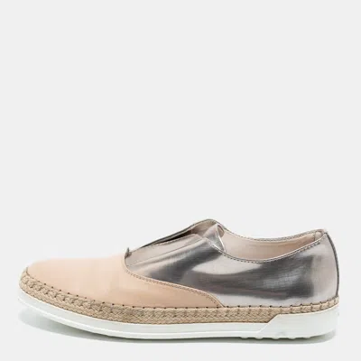 Tod's Silver And Beige Patent And Leather Francesina Slip On Espadrille Sneakers In Neutral