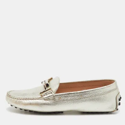 Tod's Silver Leather Double T Slip On Loafers In Gold