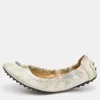 Tod's Silver Textured Nubuck Leather Bow Scrunch Ballet Flats In White