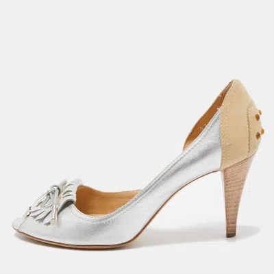 Tod's Silver/beige Leather And Suede Peep Toe Dosary Pumps