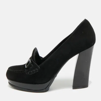 Tod's Size 37.5 Black Suede Block Heel Loafer Pumps