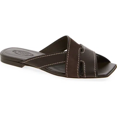 Tod's Flat Leather Sandals With Crossed Straps Shoes In Brown