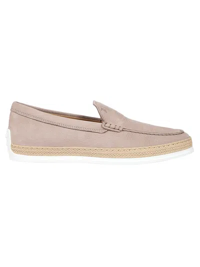 Tod's Slip-on Leather Moccasin Shoes With Woven Jute Detailing In Neutral