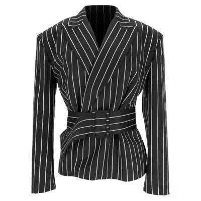 Tod's Striped Belted Blazer In Black Wool In Multi