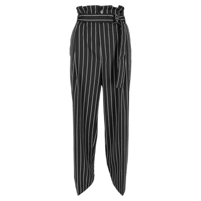 Tod's Striped Belted Trousers In Black Wool In Blue
