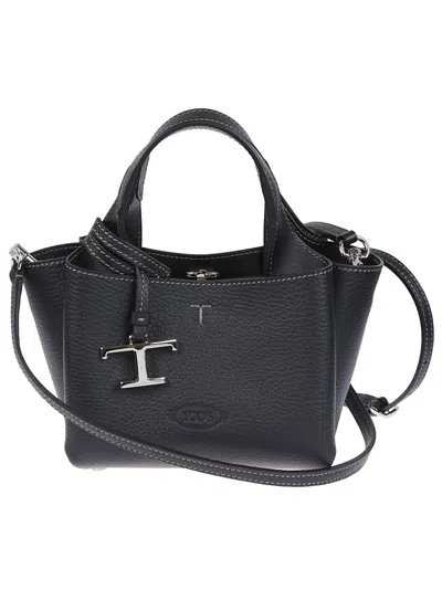 Tod's Structured Black Grained Leather Shoulder Bag In Gray