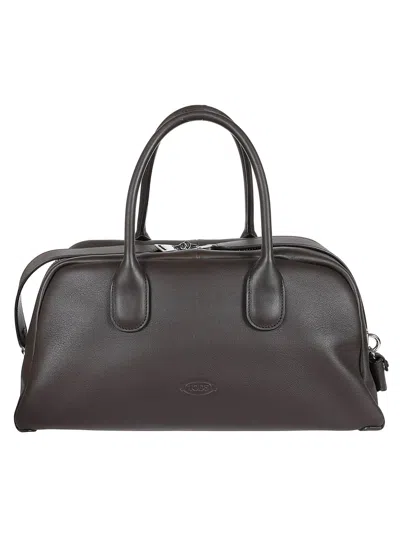 Tod's Structured Brown Leather Shoulder Bag With Polished Finish In Gray