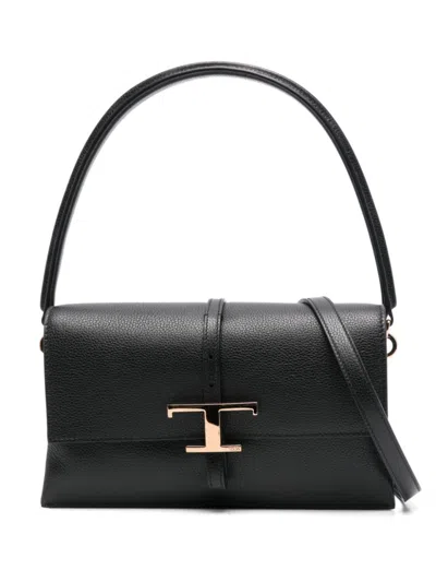 Tod's Structured Leather Handbag With Gold-tone Logo Clasp In Black