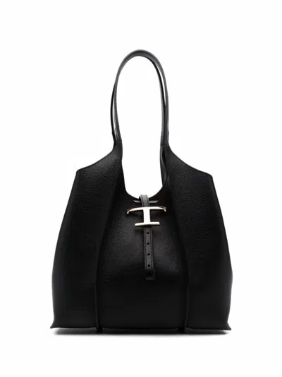 Tod's Structured Leather Tote With Cutout Design And Gold Accents In Black