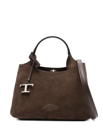 Tod's Structured Suede Handbag With Metallic Logo Charm In Brown