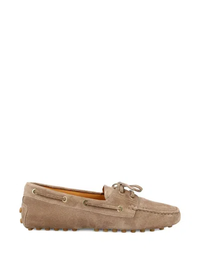 Tod's Suede Lace Loafers Rubber Sole Eyelets In Brown